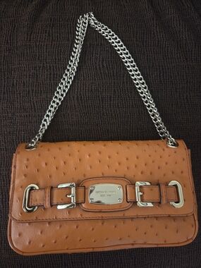 Michael Kors Orange Ostrich-Embossed Leather Shoulder Bag with Gold Accent Chain